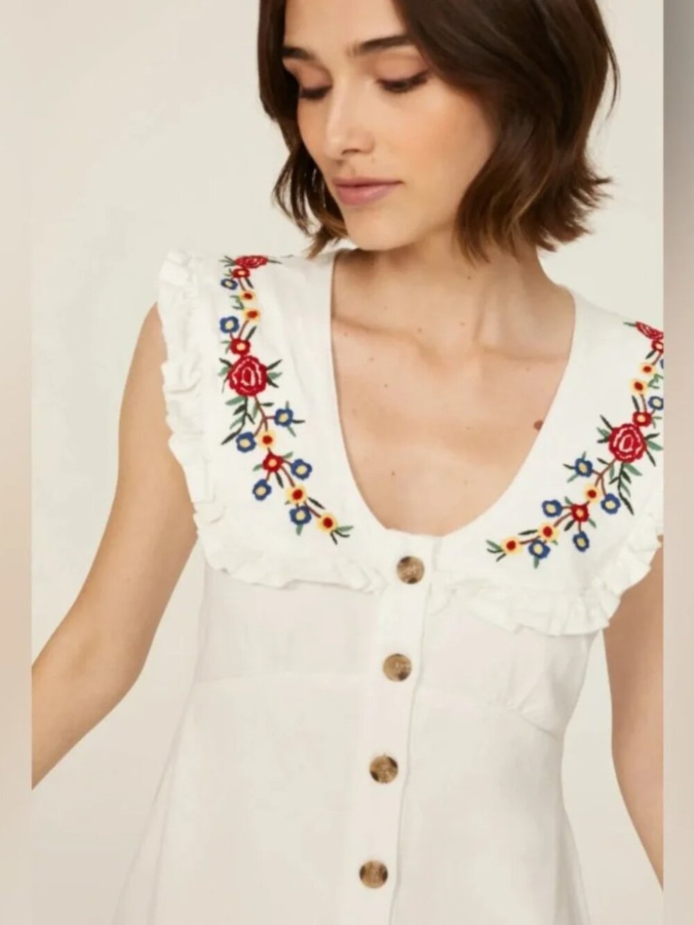 RIXO Nova Dress Midi Floral Embroidered Spread Collar Ecru Button front M - Picture 6 of 14
